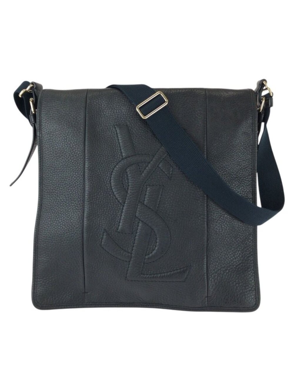 Saint Laurent Vintage YSL Black Navy Gold Leather Shoulder Bag